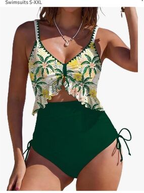 Women’s Green Tropical Print Ruffle Tankini Swim Set